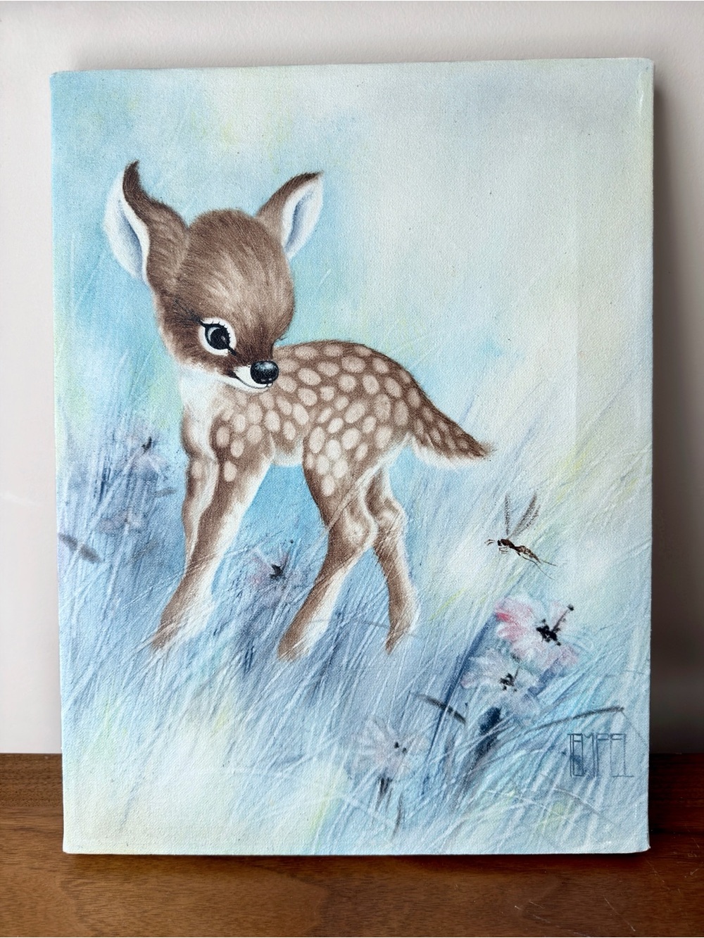 Vintage Baby Deer Painting on Canvas Signed TEMPEL 1980s Kitsch Whimsy Wall Art